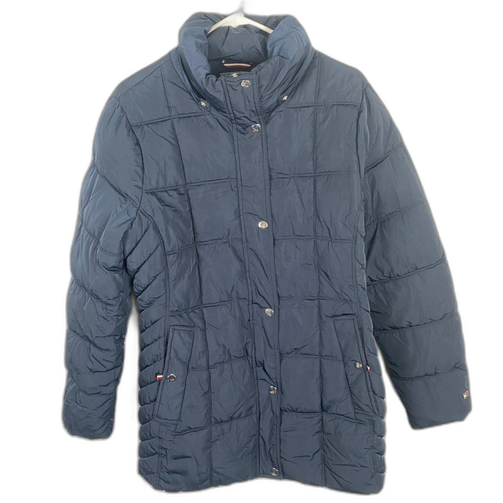 Tommy Hilfiger Woman's Large Quilted Puffer Coat Navy Blue Long Winter Jacket